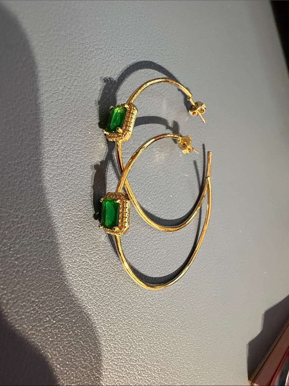 Gold Hoop Earrings with Emerald Green Stone - Women Jewelry